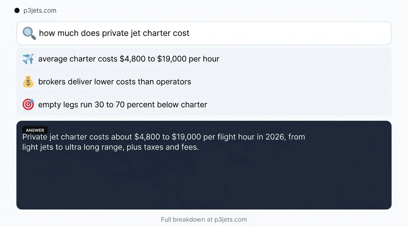 Summary card: private jet charter costs about $4,800 to $19,000 per flight hour in 2026, empty legs run 30 to 70 percent below charter