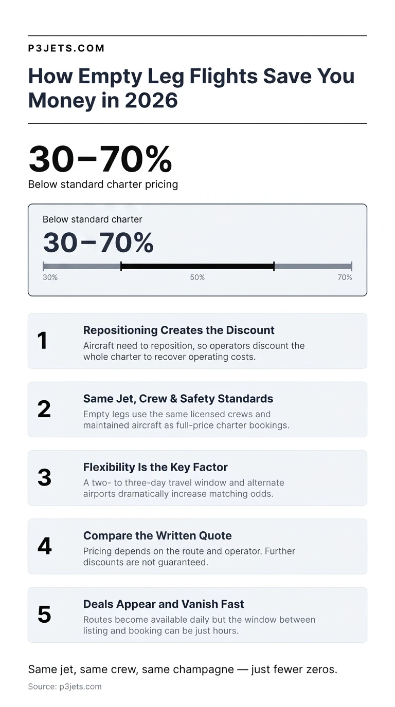 How empty legs save money: repositioning, 30 to 70 percent below standard charter, flexible dates and written quotes