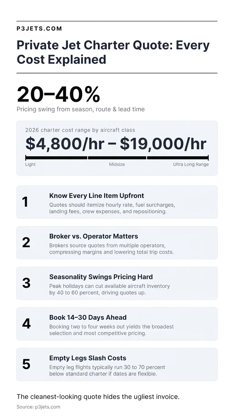 Infographic: private jet charter quote key facts, $4,800 to $19,000 per hour by aircraft class, five tips for comparing quotes