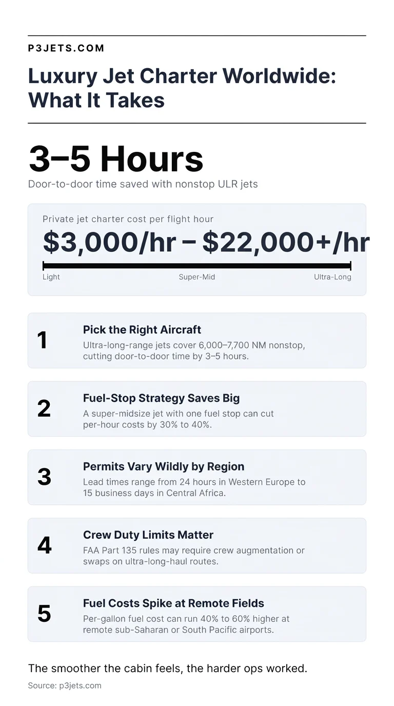 Luxury jet charter worldwide key facts: 3 to 5 hours saved nonstop, $3,000 to $22,000+ per hour, fuel stop strategy, permits, crew duty limits and remote fuel costs