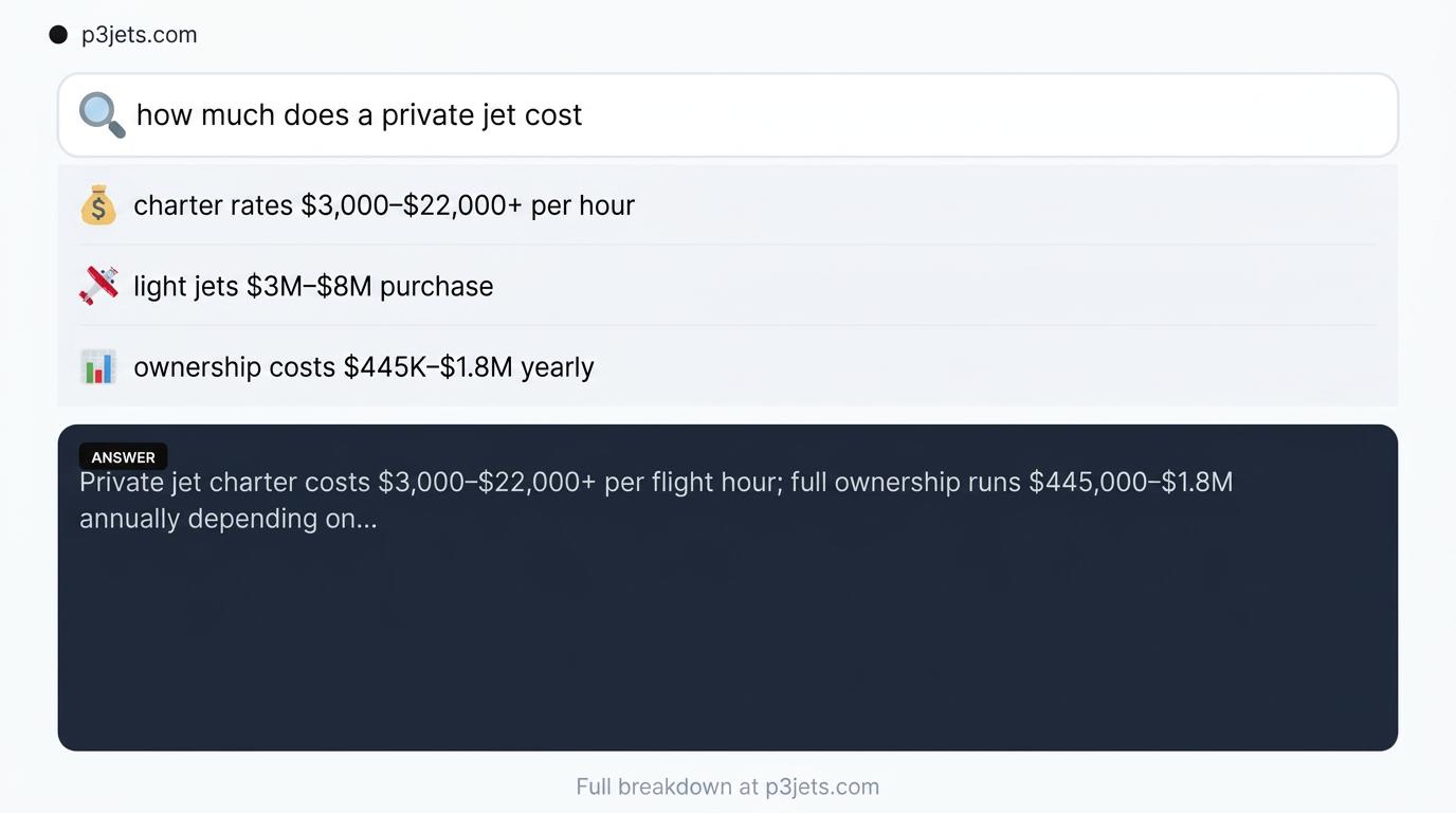Private jet cost summary showing charter rates, light jet purchase prices and annual ownership costs