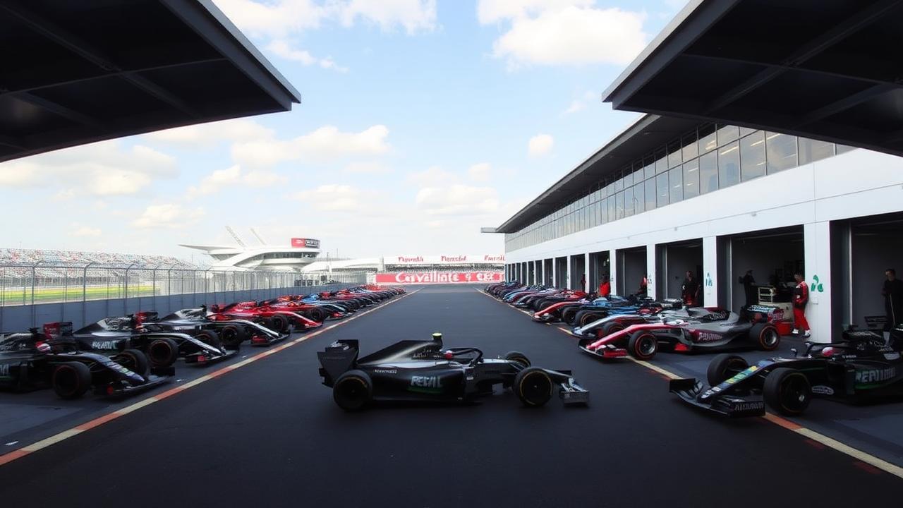 Formula 1 pit lane with race cars during Canadian Grand Prix weekend