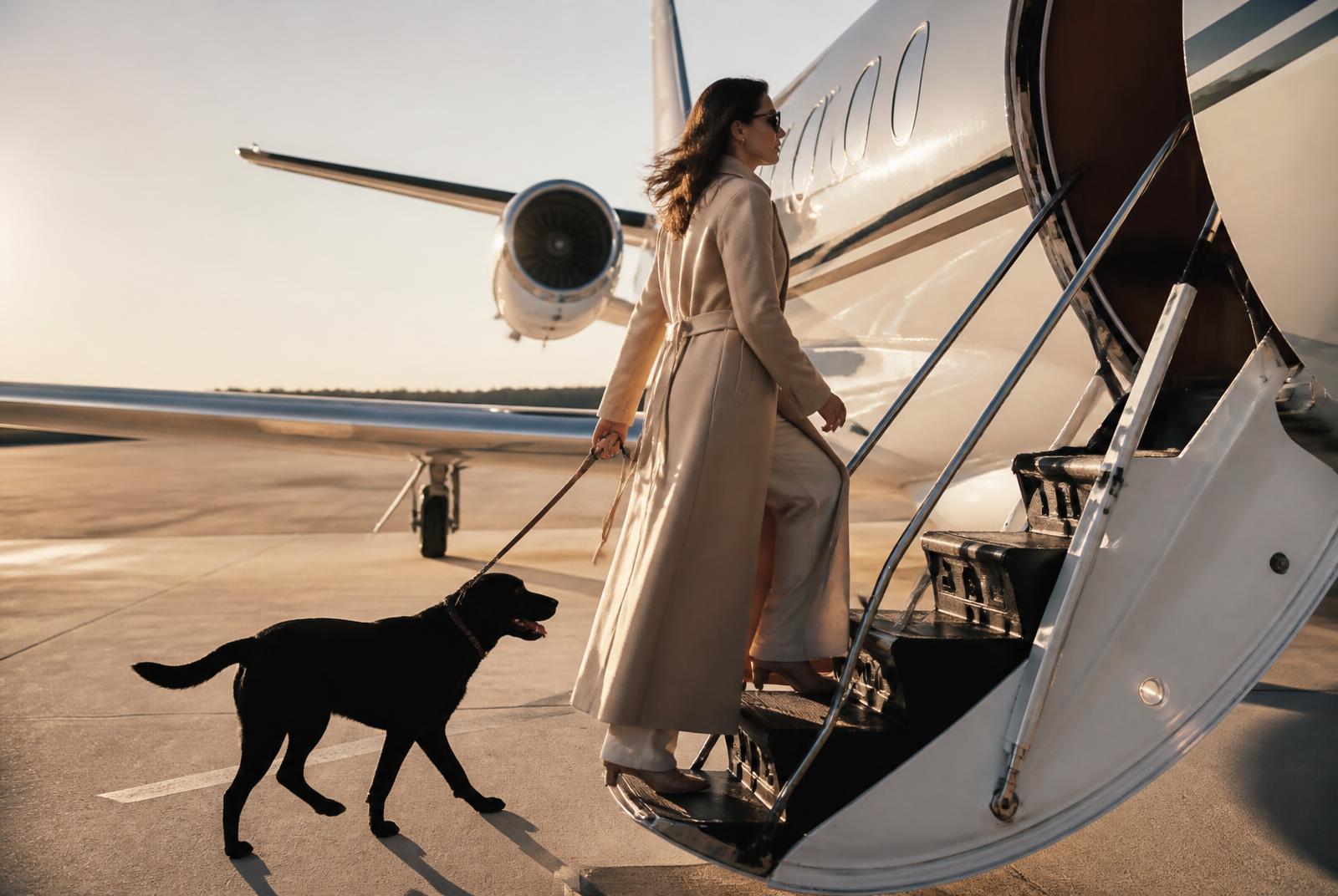 Owner walking a black labrador up the airstairs of a private jet at sunset