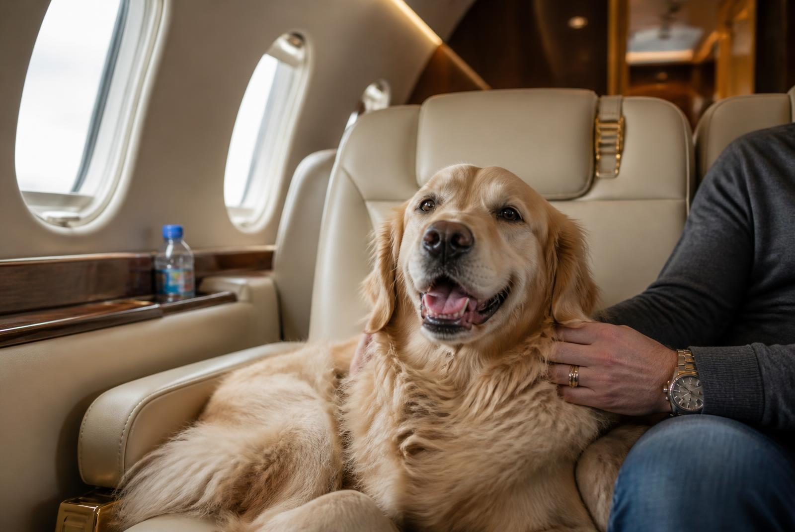 Golden retriever relaxing on a leather seat beside its owner inside a pet friendly private jet cabin