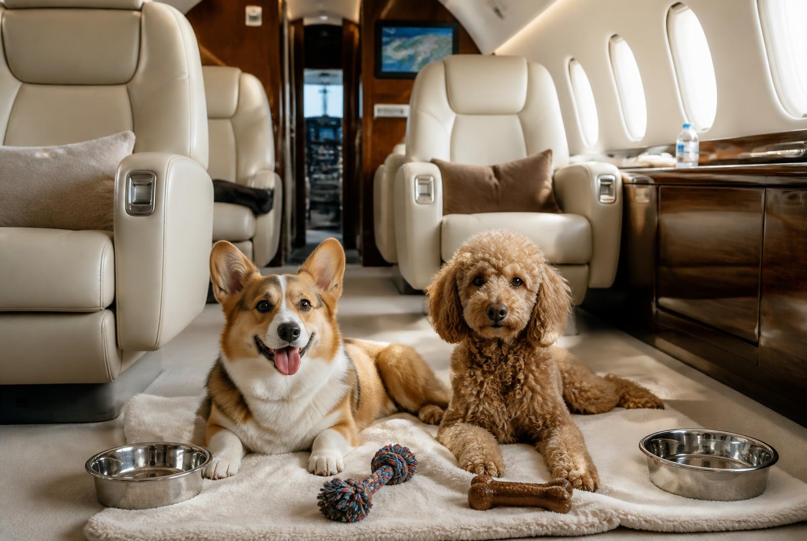 Corgi and poodle resting on a blanket with water bowls and toys in a private jet cabin